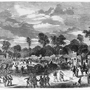 AUSTRALIA: GOLD RUSH, 1869. Main Street in the mining town of Spring Creek, Victoria, Australia, during the gold rush of the 1860s. Wood engraving from an Australian newspaper of 1869