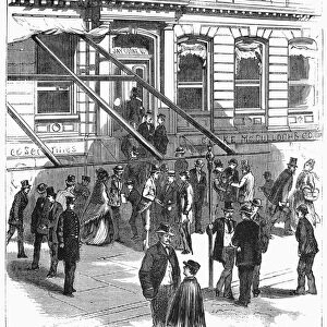 BANK PANIC, 1873. The office of Jay Cooke & Company in Philadelphia. The bankcruptcy, 18 September 1873, of this government bond agency, backer of the Northern Pacific Railroad, precipitated an economic crisis that lasted for several years. Wood engraving from an American newspaper of October 1873