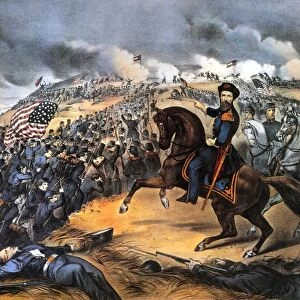 BATTLE OF FORT DONELSON. Ulysses S. Grant at the storming of Fort Donelson, Tennessee, 15 February 1862. Lithograph, 1862, by Currier & Ives