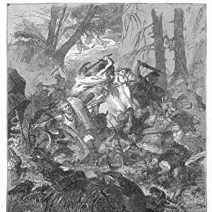 BATTLE OF TEUTOBURG FOREST. The Roman army led by Varus battles unsuccessfully against the rebellious forces organized by Arminius, in the Teutoburg Forest in 9 A. D. Line engraving, 19th century