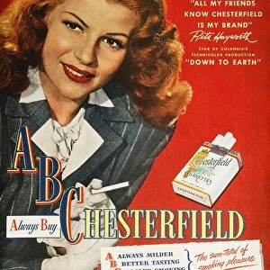 CHESTERFIELD CIGARETTE AD. Actress Rita Hayworth endorsing Chesterfield cigarettes. American magazine advertisement, 1947