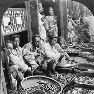 CHINA: FISH MARKET, c1928. A Chinese fish market in Huai An, China. Stereograph, c1928