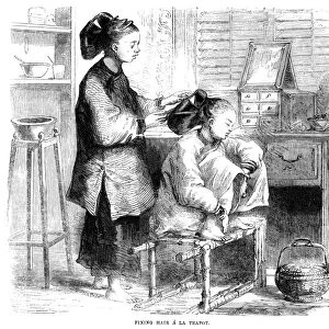 CHINA: HAIRDRESSER, 1859. A Chinese hairdresser. Wood engraving, English, 1859