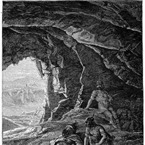 DAVID AND SAUL. David cuts off a piece of the robe of King Saul as he sleeps (1 Samuel 24: 4). Wood engraving, American, 19th century