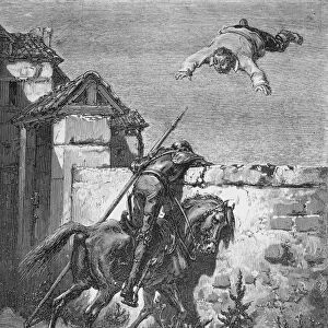 DON QUIXOTE. Don Quixote finds his squire Sancho Panza being tossed in a blanket in the yard of the inn. Wood engraving after Gustave Dor