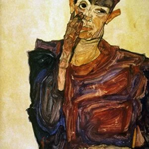 EGON SCHIELE (1890-1918). Austrian painter. Self-portrait Pulling Cheek. Chalk, watercolor and gouache, 1910
