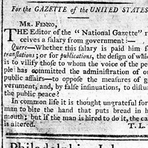FEDERALIST NEWSPAPER, 1792. Letter from Alexander Hamilton to John Fenno, editor