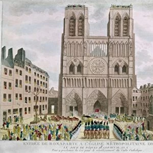 FRANCE: CONCORDAT OF 1802. The entry of Napoleon Bonaparte at Notre Dame Cathedral, Easter 1802, to proclaim the reestablishment of the Roman Catholic Church in France. Contemporary line engraving