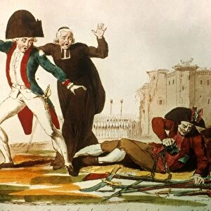 FRENCH REVOLUTION, 1792. A chained member of the Third Estate rises up against the clergy and nobility: colored engraving, 1792