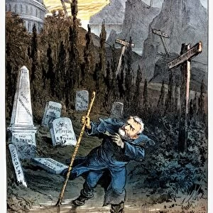 GRANT CARTOON, 1880. The Modern Wandering Jew : American lithograph cartoon by Joseph Keppler, 1880, depicting the well-traveled former president Ulysses S. Grant leaning on his war record as he seeks to be nominated to an unprecedented third term in that years presidential election