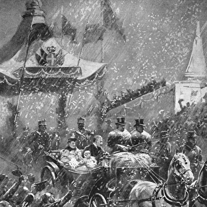 HaKON VII & QUEEN MAUD greeted by cheering crowds as they ride through heavy snows