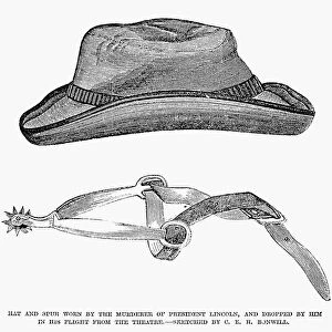 The hat and spur worn by President Abraham Lincolns assassin, John Wilkes Booth, and dropped by him in his flight from Fords Theater, Washington, D. C. on the night of 14 April 1865. Wood engraving from a contemporary American newspaper