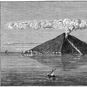 ITALY: MOUNT STROMBOLI. Volcano of Mount Stromboli in the Tyrrhenian Sea, viewed from the Northwest. Wood engraving, 1887
