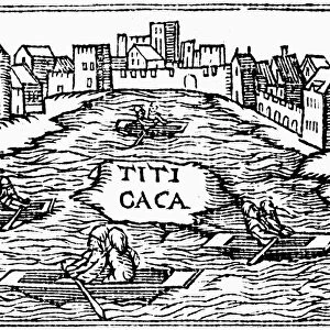 LAKE TITICACA, 1554. Engraving of Lake Titticaca, Peru, from Pedro Cieza de Leons account of the Spanish Conquest Chronicle of Peru, Antwerp, 1554. The engraver obviously had not visited Peru