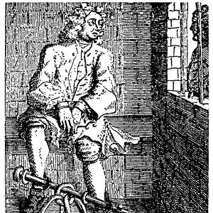 LONDON: DEBTORs PRISON. A debtor in fetters at the Marshalsea Prison, London, England. Line engraving, 18th century