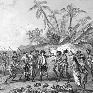 LOUIS de BOUGAINVILLE (1729-1811). French navigator. Bougainville meeting the natives of Tahiti, c1766-69. Steel engraving, French, 19th century
