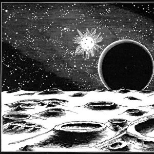 LUNAR LANDSCAPE, 1873. Earth and the sun seen from the surface of the moon. Wood engraving, American, 1873