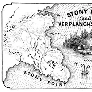 Map of Stony Point and Verplancks Point on the Hudson River, held and fortified by the British from late May 1779 till they were captured by American troops led by Anthony Wayne, 16 July 1779. Wood engraving, American, 1852