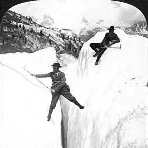 MOUNTAINEERING, 1908. Crossing a crevasse, Mer de Glace, Hotel du Montanvert in distance