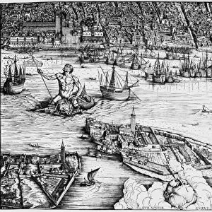 MYTHOLOGY: POSEIDON. The harbor of Venice, Italy, with Poseidon riding on a dolphin