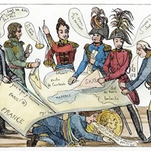 Napoleon I, returned from Elba, cuts France from the map that, from left, Joseph Bonaparte, Klemens von Metternich, Czar Alexander I, a Prussian delegate, and George III divide, while Prince Charles Maurice de Talleyrand hides. French broadsheet cartoon, Spring 1815