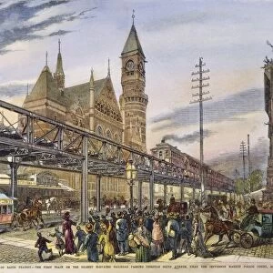 NYC ELEVATED TRAIN, 1878. The first train on New York Citys Sixth Avenue elevated railway, which ran from the Battery to Central Park, passing the Jefferson Market police court in Greenwich Village on 29 April 1878: contemporary wood engraving