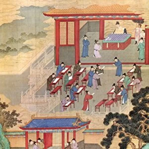 Officials of several Chinese cities compose essays designed to demonstrate their knowledge of Confucian texts, at the court of T ang emperor Ming Huang (712-756), who supervises the examination from a pavilion at the rear. Chinese painting