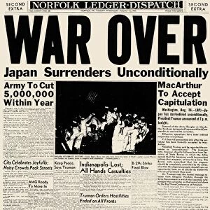 The front page of Norfolk Ledger-Dispatch, 15 August 1945, announcing the end of World War II