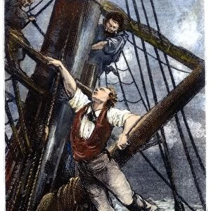 Passepartout in the rigging of the steamer Rangoon : wood engraving after a drawing by Leon Benett from an 1873 edition of Jules Vernes Around the World in Eighty Days