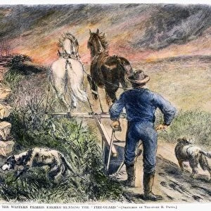 PLOWING, 1868. An American farmer on the western prairie plowing a fire guard around his fields. Wood engraving, American, 1868