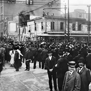 PRESIDENTIAL CAMPAIGN, 1908. Crowds in St. Louis, Missouri, gathered at the intersection of 12th Street and Delmar Boulevard to hear Republican candidate William Howard Taft (at rear of streetcar) speak on his whistle-stop tour during the U. S. presidential campaign of 1908