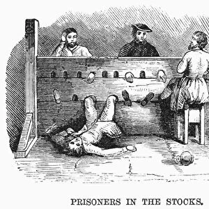 PRISONERS IN THE STOCKS. Medieval prisoners in the stocks. 19th century wood engraving