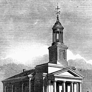 QUINCY: ADAMS TEMPLE. First Parish Church of Quincy, Massachusetts, also known as Adams Temple, burial site of Presidents John Adams and John Quincy Adams. Wood engraving, American, 19th century
