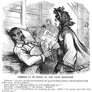 Rubbing It In. An 1862 cartoon from a Northern American newspaper mocking the overzealousness of volunteers in Union Army hospitals