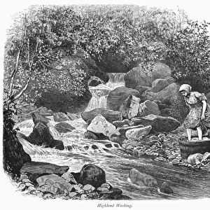 SCOTLAND: WASHING LAUNDRY. A woman washing laundry by a river in the Scottish Highlands. Wood engraving, c1875, after Townley Green