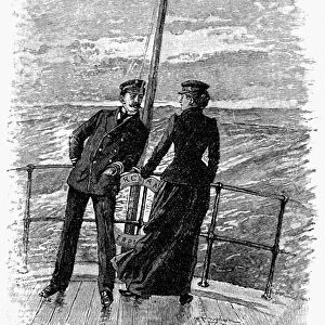 SHIPBOARD ROMANCE, 1891. A quiet flirtation between an officer and a passenger onboard an ocean steamer. Wood engraving, English, 1891