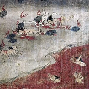 Sinners suffer in one of the hells of Buddhism. Japanese scroll, late 12th century, attributed to Tosa Mitsunaga