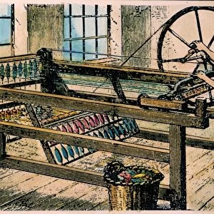 THE SPINNING JENNY. Designed by John Hargreaves in 1767. Color engraving, 19th century
