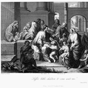 SUFFER LITTLE CHILDREN. Suffer Little Children to Come unto Me. Jesus surrounded by children. Steel engraving after the painting by Jean Baptiste Jouvenet, 17th century