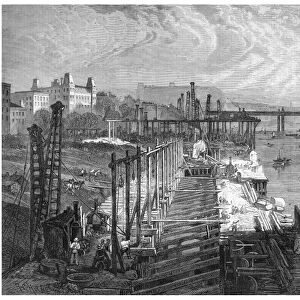THAMES EMBANKMENT, 1865. Contstruction of the Thames River embankment, as seen
