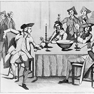 TREATY OF PARIS, 1763. Celebrating the Treaty of Paris, February 1763, that ended the Seven Years War, at The Thistle & Crown in London, England. Contemporary English cartoon
