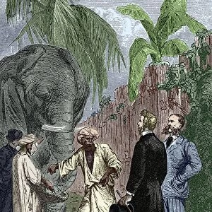 VERNE: AROUND THE WORLD. Phileas Fogg (holding hat and cane) negotiates for the use of an elephant to help speed his travels through India. Wood engraving after L