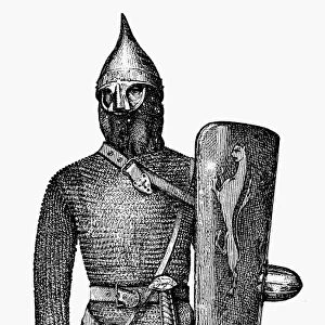 WARRIOR, 12th CENTURY. A medieval warrior of the 12th century. Line engraving