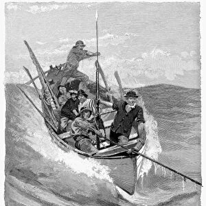 WHALING, 19th CENTURY. Whaleboat being dragged by a harpooned whale (known as a Nantucket sleigh ride ). Line engraving, American, late 19th century, after Isaiah West Taber