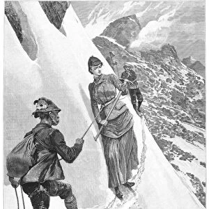 WOMAN MOUNTAINEER, 1885. A female mountain climber in the Tyrolian Alps. Line engraving after Richard Caton Woodville, from an English newspaper of 1886