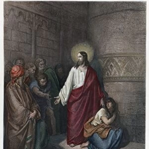 WOMAN TAKEN IN ADULTERY. Jesus and the Woman Taken in Adultery. Color line engraving after Gustave Dor