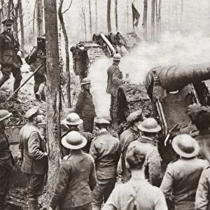WORLD WAR I: CAMBRAI, 1917. A British tank transporting a German naval gun, dismounted