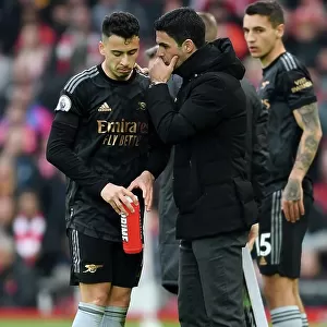 Arsenal's Martinelli and Mikel Arteta in Deep Conversation at Anfield During Liverpool vs Arsenal Premier League Match (2022-23)