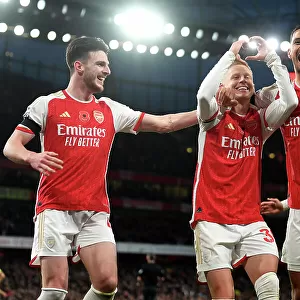 Arsenal's Triumph: Zinchenko, Rice, and Saliba's Euphoric Celebration after Scoring the Third Goal vs Burnley (2023-24)