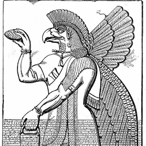 Assyrian winged god Nisroch carrying the pine cone, symbol of regeneration. Engraving